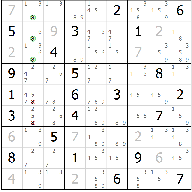 Position des candidats pour la solution de la Gr 22 page 25 du magazine de sudoku Suprême n° 034