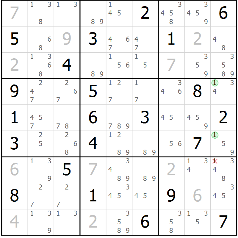 Position des candidats pour la solution de la Gr 22 page 25 du magazine de sudoku Suprême n° 034