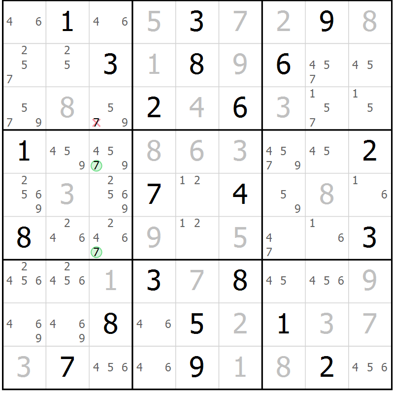 Position des candidats pour la solution de la Gr 23 page 26 du magazine de sudoku Suprême n° 034