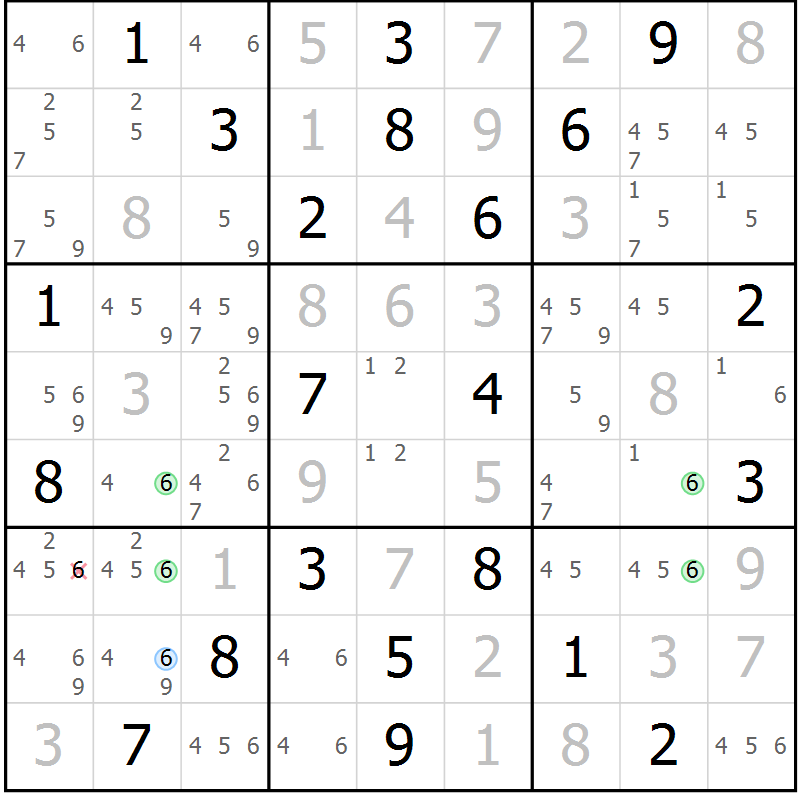 Position des candidats pour la solution de la Gr 23 page 26 du magazine de sudoku Suprême n° 034