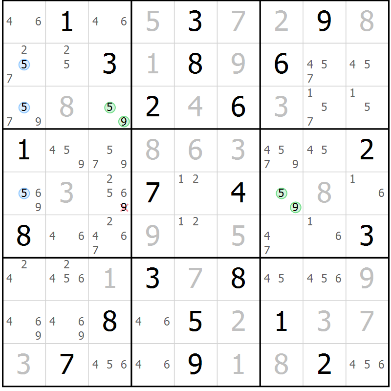 Position des candidats pour la solution de la Gr 23 page 26 du magazine de sudoku Suprême n° 034