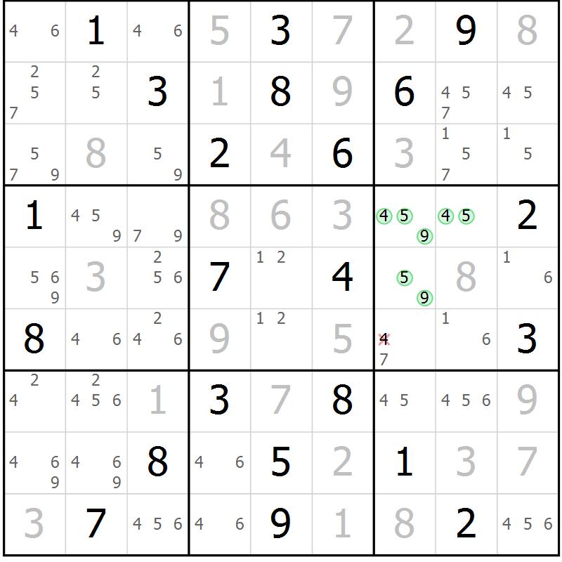 Position des candidats pour la solution de la Gr 23 page 26 du magazine de sudoku Suprême n° 034