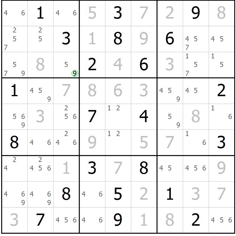 Position des candidats pour la solution de la Gr 23 page 26 du magazine de sudoku Suprême n° 034