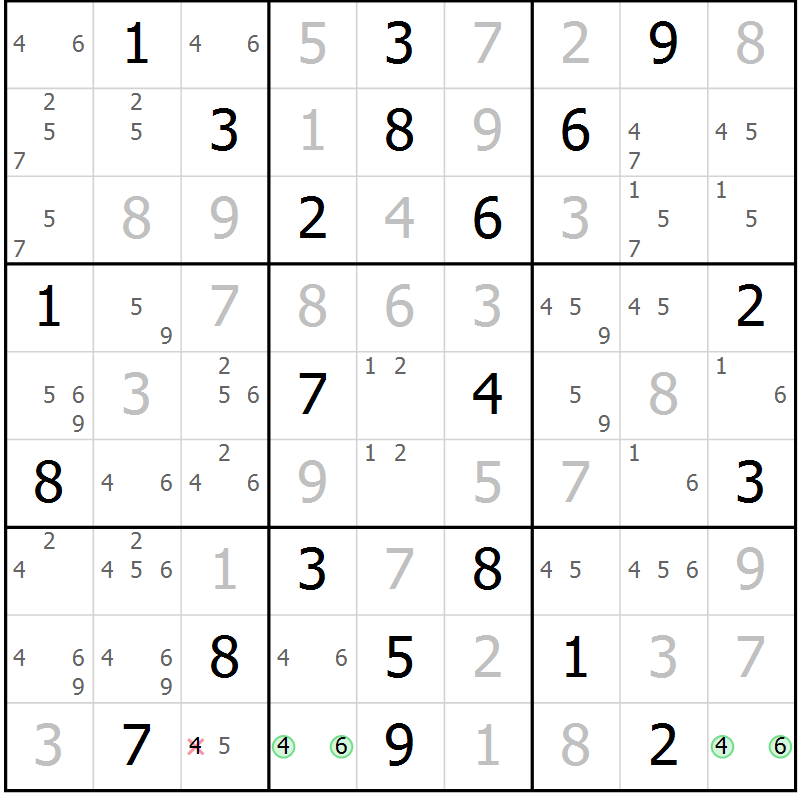 Position des candidats pour la solution de la Gr 23 page 26 du magazine de sudoku Suprême n° 034