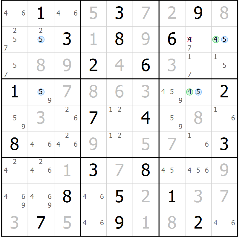 Position des candidats pour la solution de la Gr 23 page 26 du magazine de sudoku Suprême n° 034