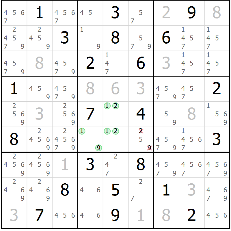 Position des candidats pour la solution de la Gr 23 page 26 du magazine de sudoku Suprême n° 034