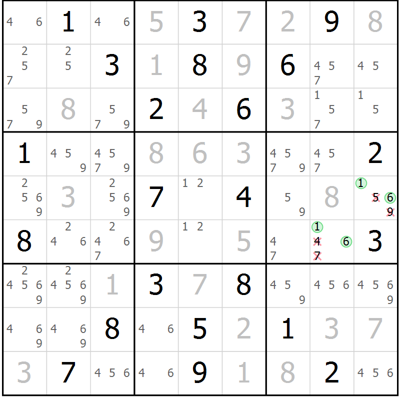 Position des candidats pour la solution de la Gr 23 page 26 du magazine de sudoku Suprême n° 034