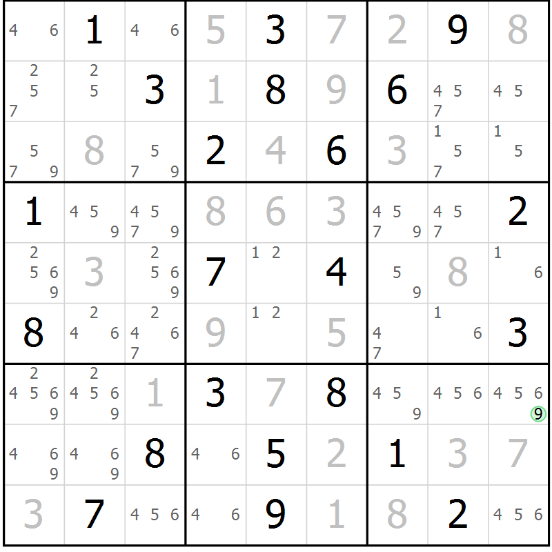 Position des candidats pour la solution de la Gr 23 page 26 du magazine de sudoku Suprême n° 034