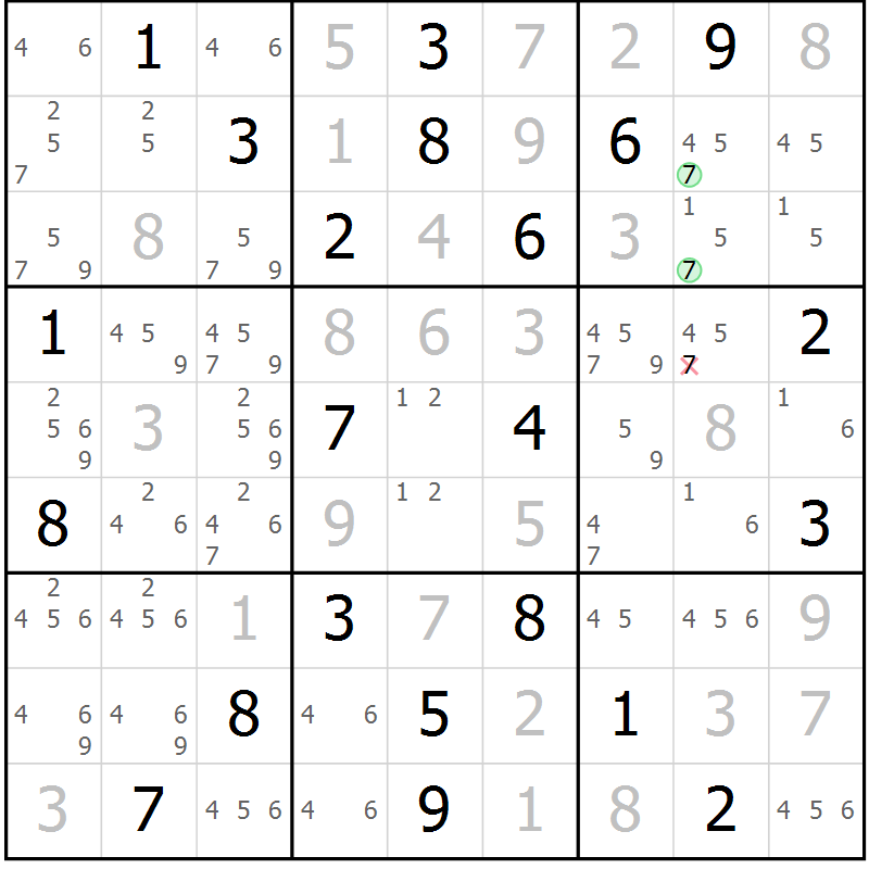 Position des candidats pour la solution de la Gr 23 page 26 du magazine de sudoku Suprême n° 034