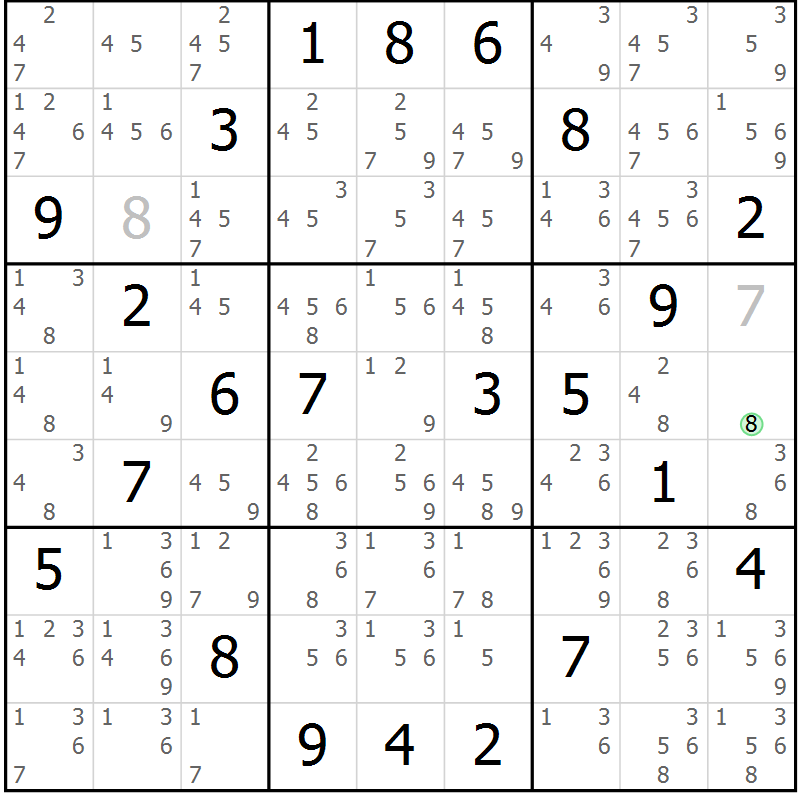 Position des candidats pour la solution de la Gr 24 page 27 du magazine de sudoku Suprême n° 034