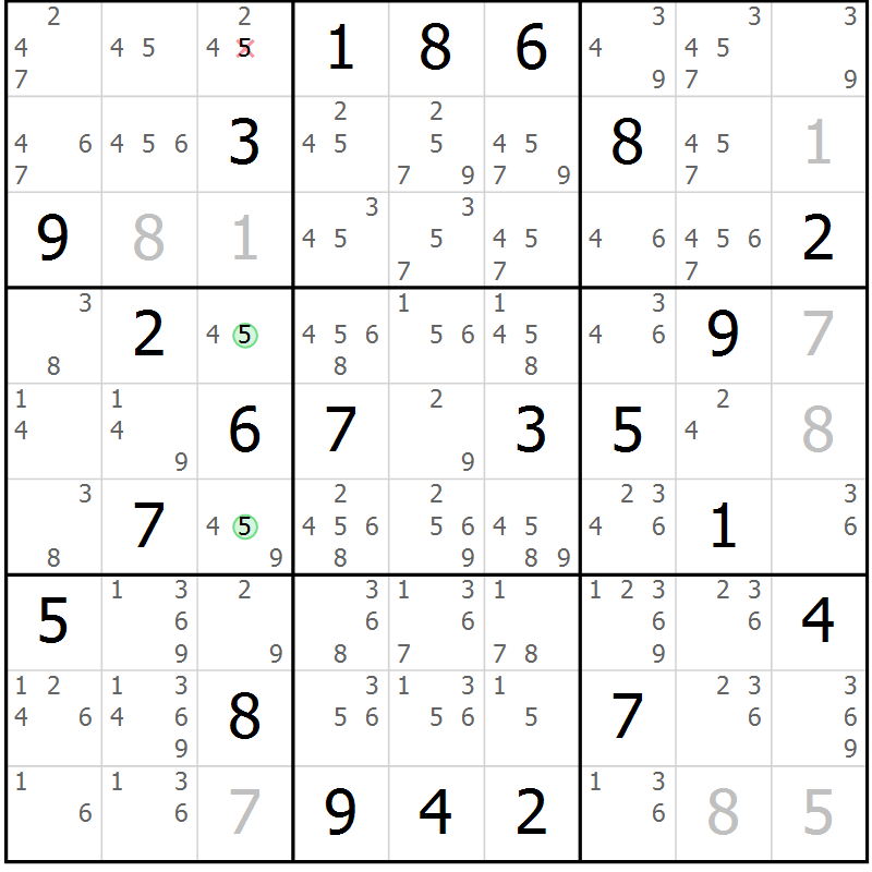Position des candidats pour la solution de la Gr 24 page 27 du magazine de sudoku Suprême n° 034