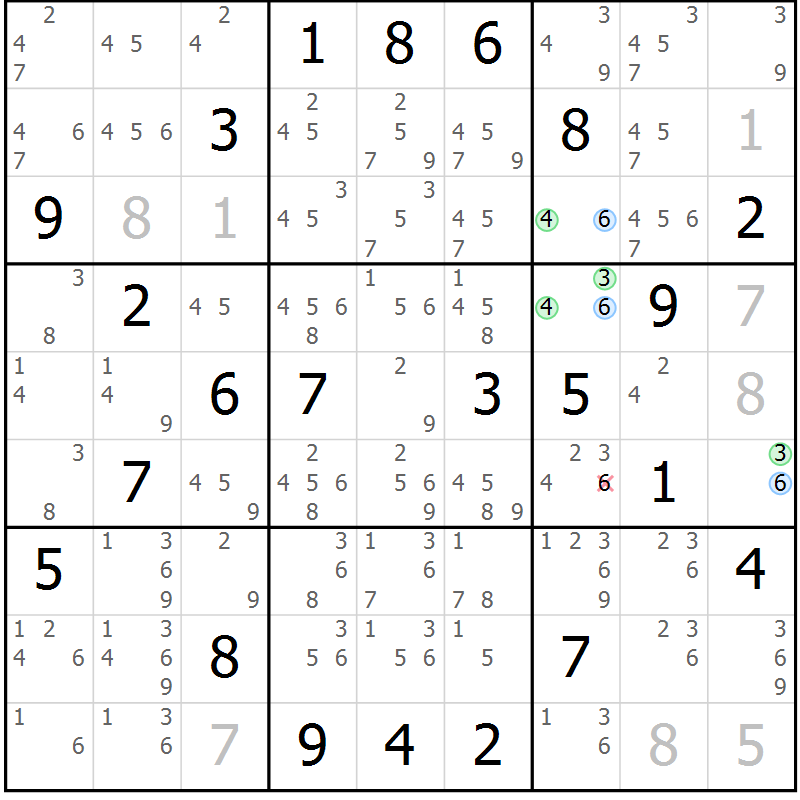 Position des candidats pour la solution de la Gr 24 page 27 du magazine de sudoku Suprême n° 034