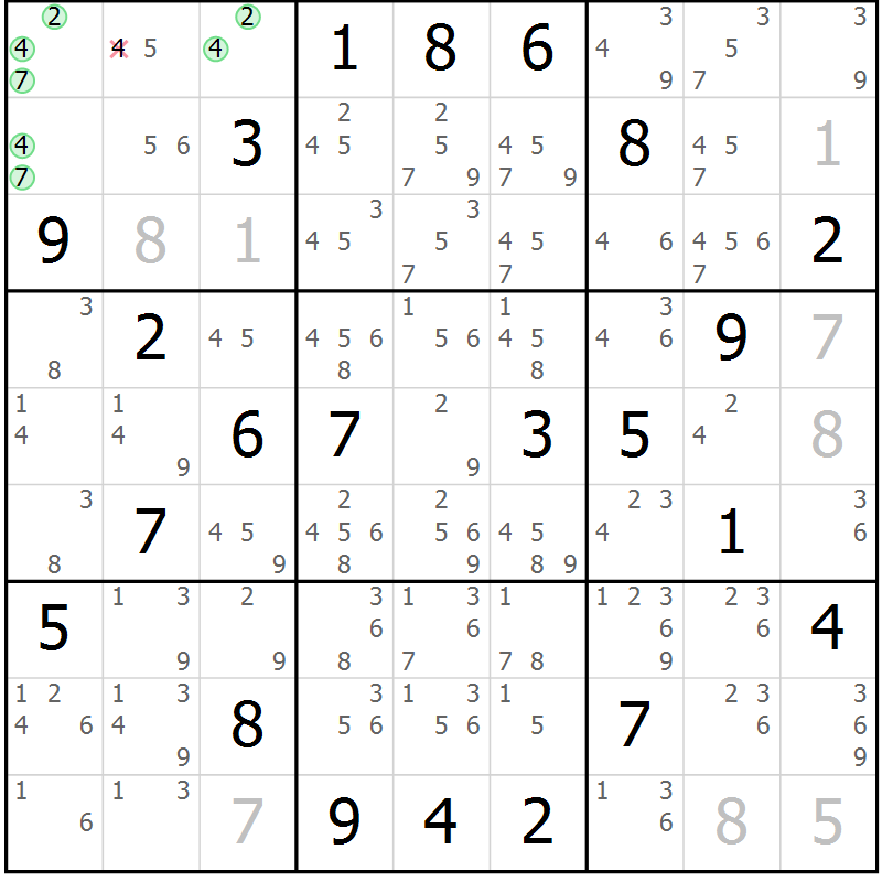 Position des candidats pour la solution de la Gr 24 page 27 du magazine de sudoku Suprême n° 034