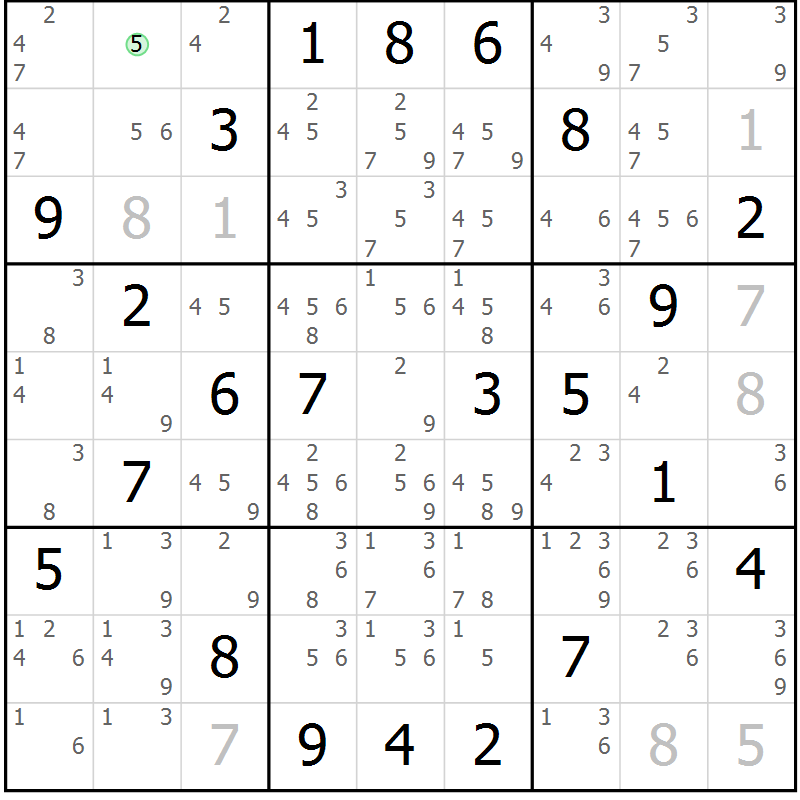 Position des candidats pour la solution de la Gr 24 page 27 du magazine de sudoku Suprême n° 034