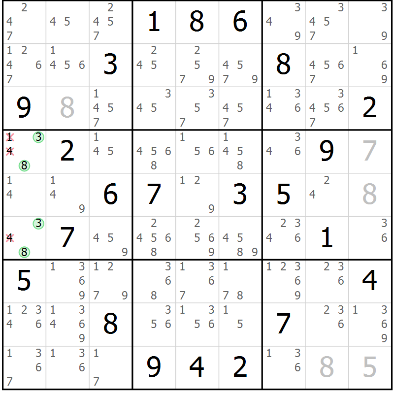 Position des candidats pour la solution de la Gr 24 page 27 du magazine de sudoku Suprême n° 034