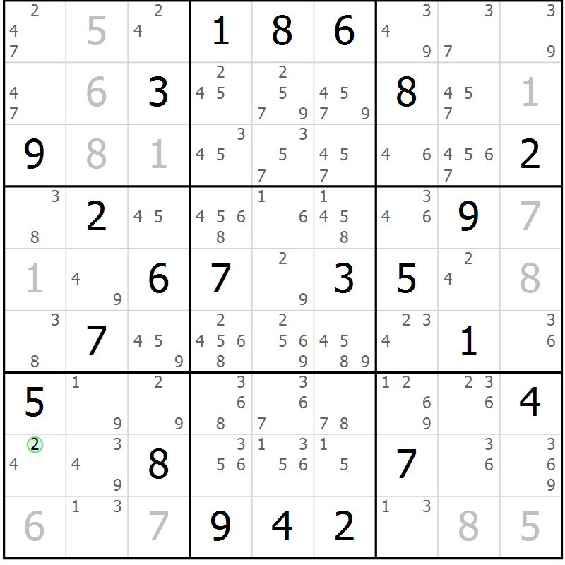 Position des candidats pour la solution de la Gr 24 page 27 du magazine de sudoku Suprême n° 034