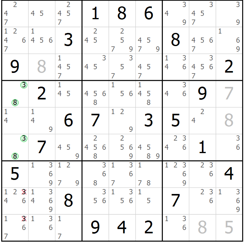 Position des candidats pour la solution de la Gr 24 page 27 du magazine de sudoku Suprême n° 034