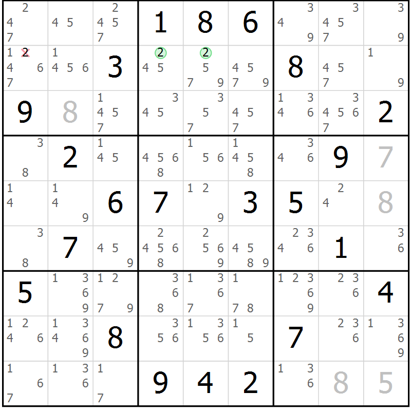 Position des candidats pour la solution de la Gr 24 page 27 du magazine de sudoku Suprême n° 034