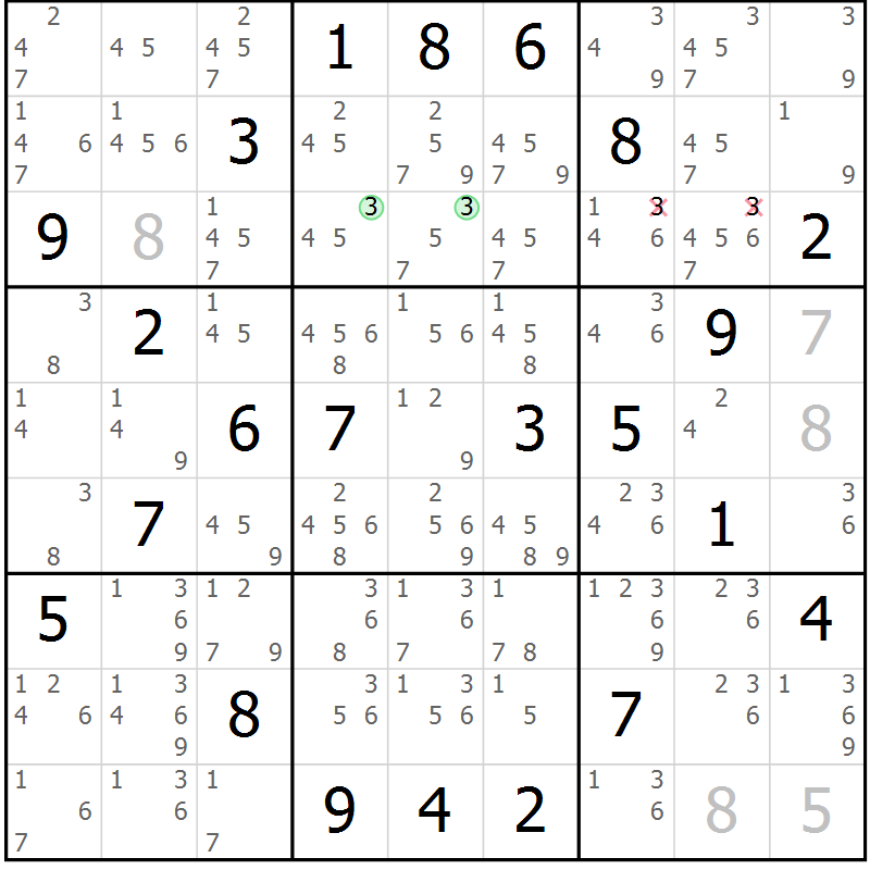 Position des candidats pour la solution de la Gr 24 page 27 du magazine de sudoku Suprême n° 034