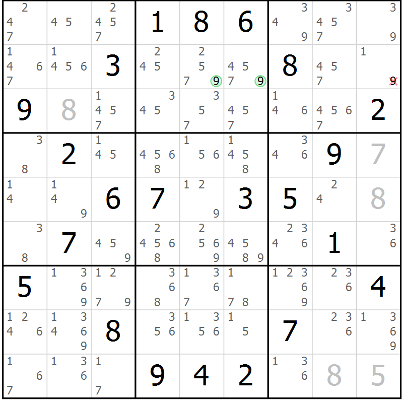 Position des candidats pour la solution de la Gr 24 page 27 du magazine de sudoku Suprême n° 034