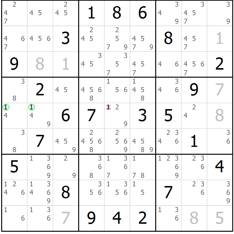 Position des candidats pour la solution de la Gr 24 page 27 du magazine de sudoku Suprême n° 034