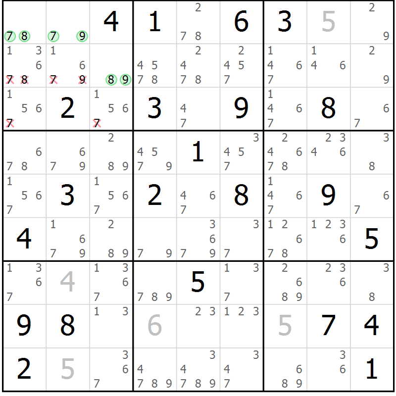 Position des candidats pour la solution de la Gr 25 page 28 du magazine de sudoku Suprême n° 034