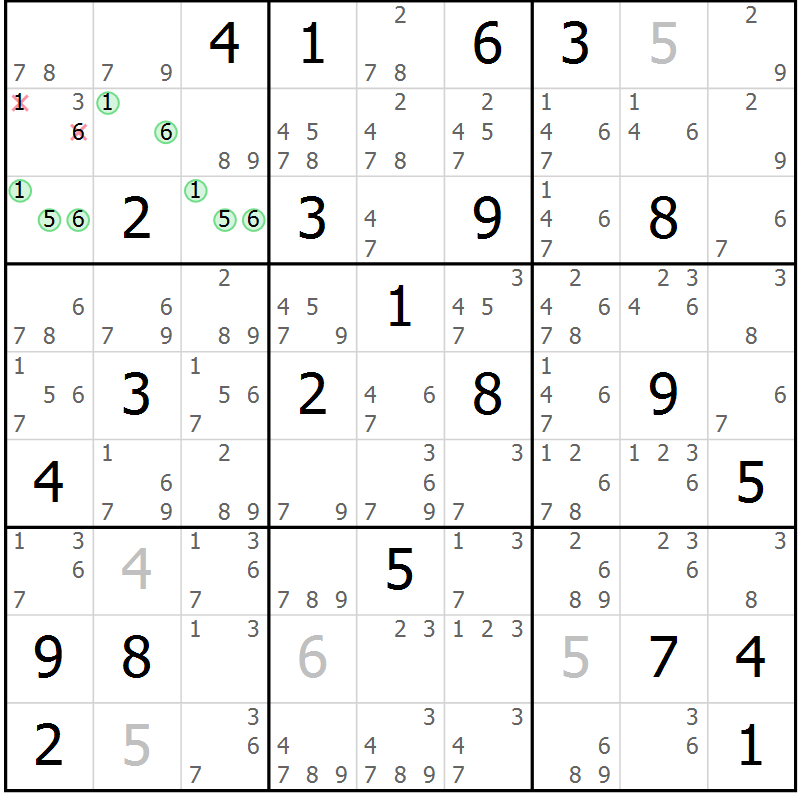 Position des candidats pour la solution de la Gr 25 page 28 du magazine de sudoku Suprême n° 034