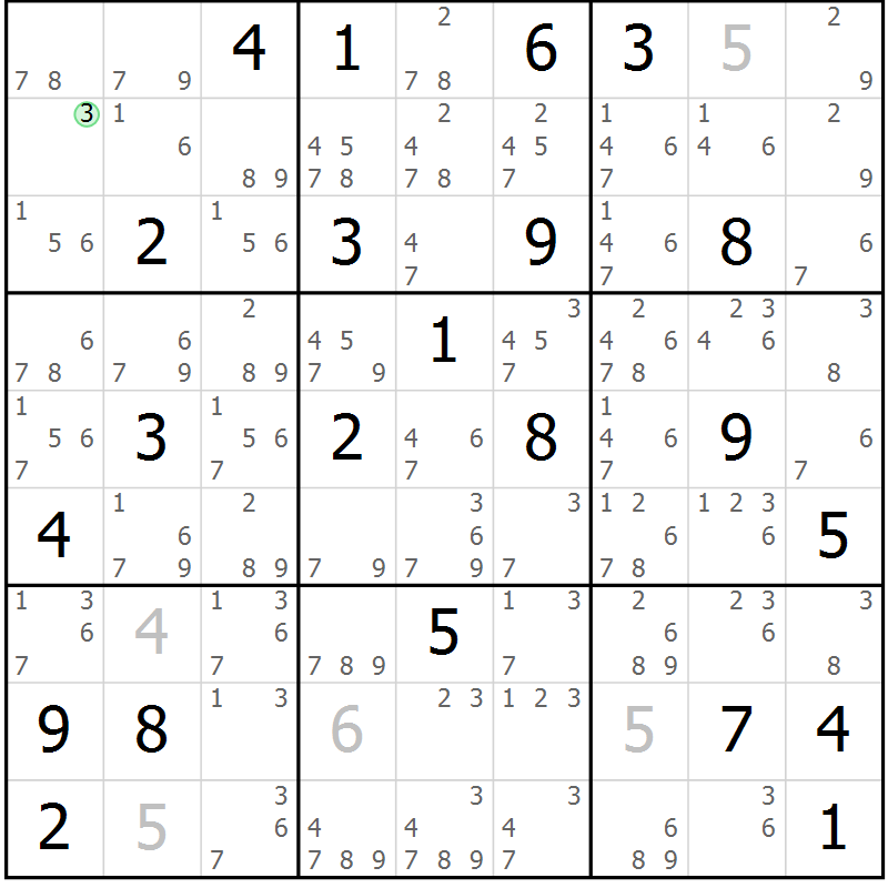 Position des candidats pour la solution de la Gr 25 page 28 du magazine de sudoku Suprême n° 034