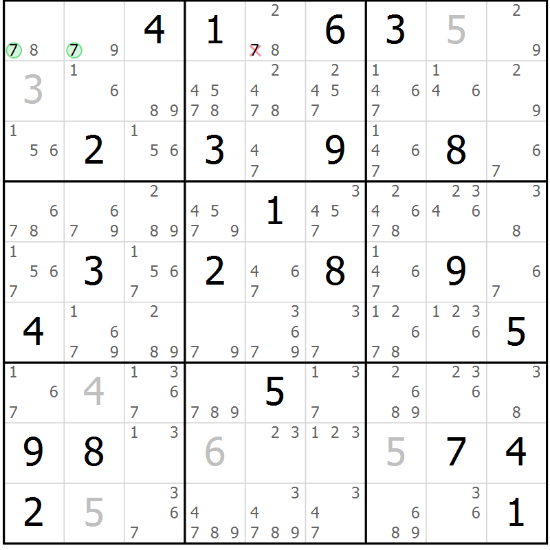Position des candidats pour la solution de la Gr 25 page 28 du magazine de sudoku Suprême n° 034