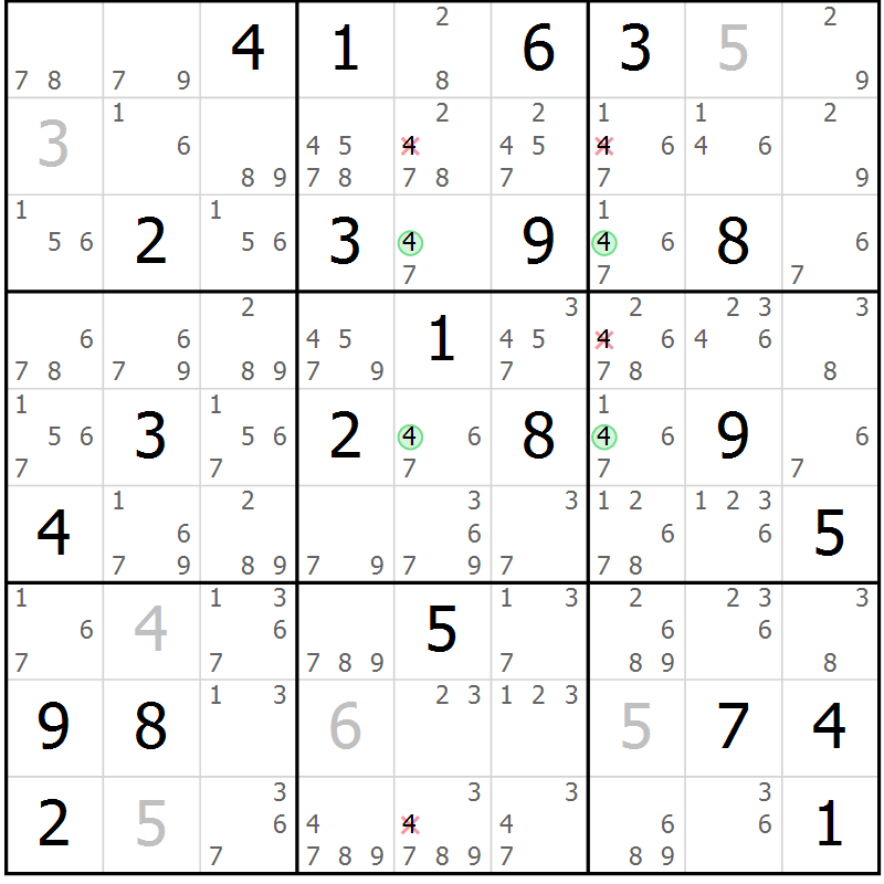 Position des candidats pour la solution de la Gr 25 page 28 du magazine de sudoku Suprême n° 034