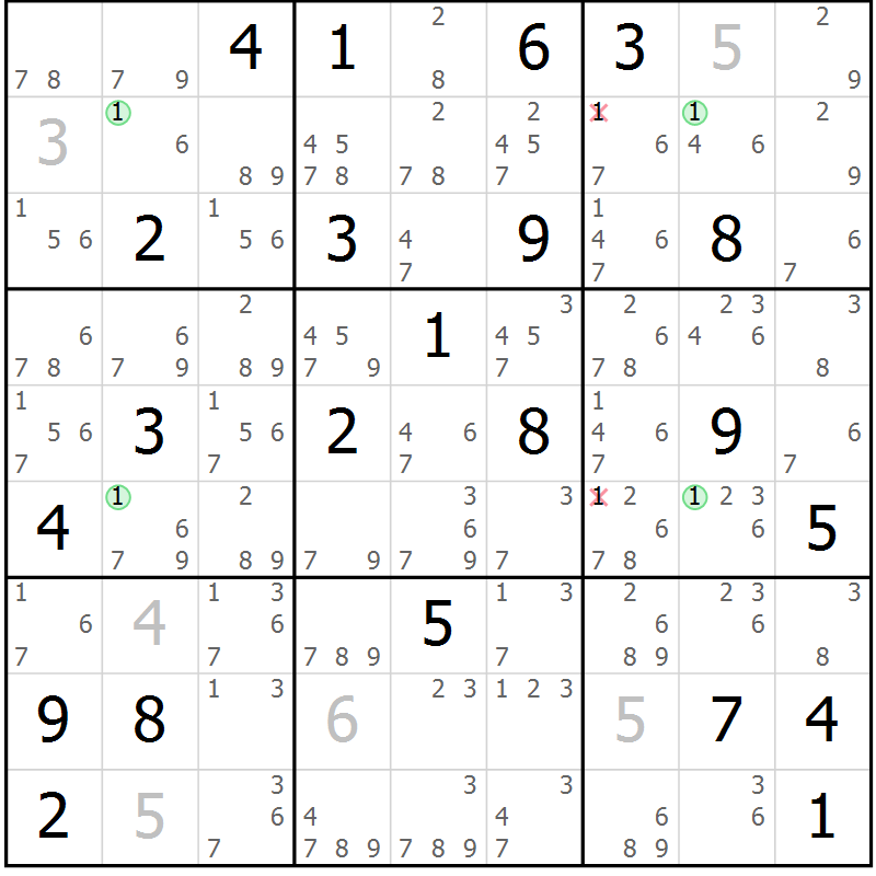 Position des candidats pour la solution de la Gr 25 page 28 du magazine de sudoku Suprême n° 034