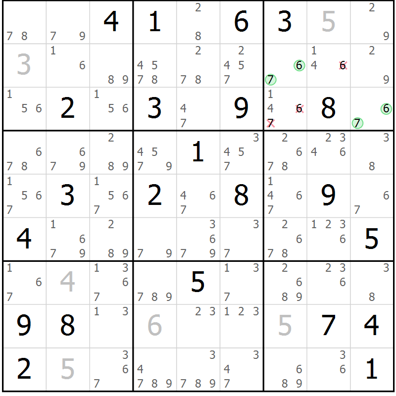 Position des candidats pour la solution de la Gr 25 page 28 du magazine de sudoku Suprême n° 034