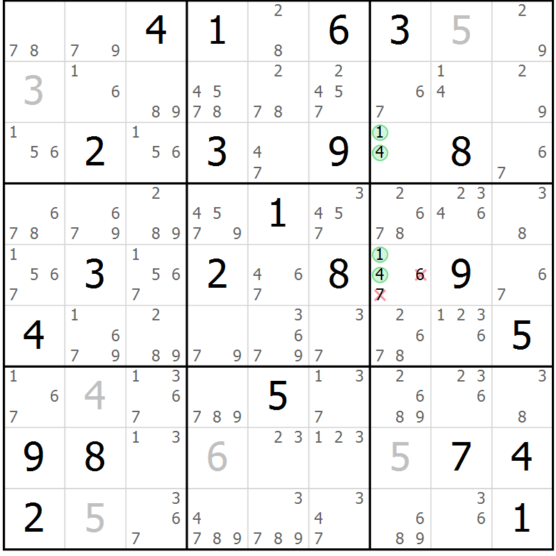 Position des candidats pour la solution de la Gr 25 page 28 du magazine de sudoku Suprême n° 034