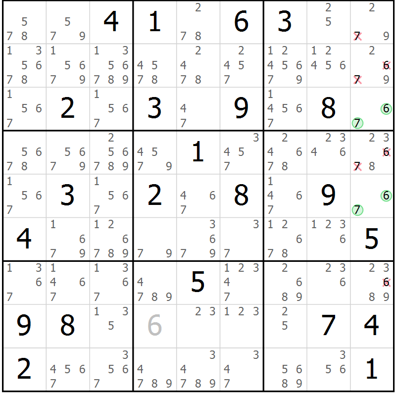 Position des candidats pour la solution de la Gr 25 page 28 du magazine de sudoku Suprême n° 034
