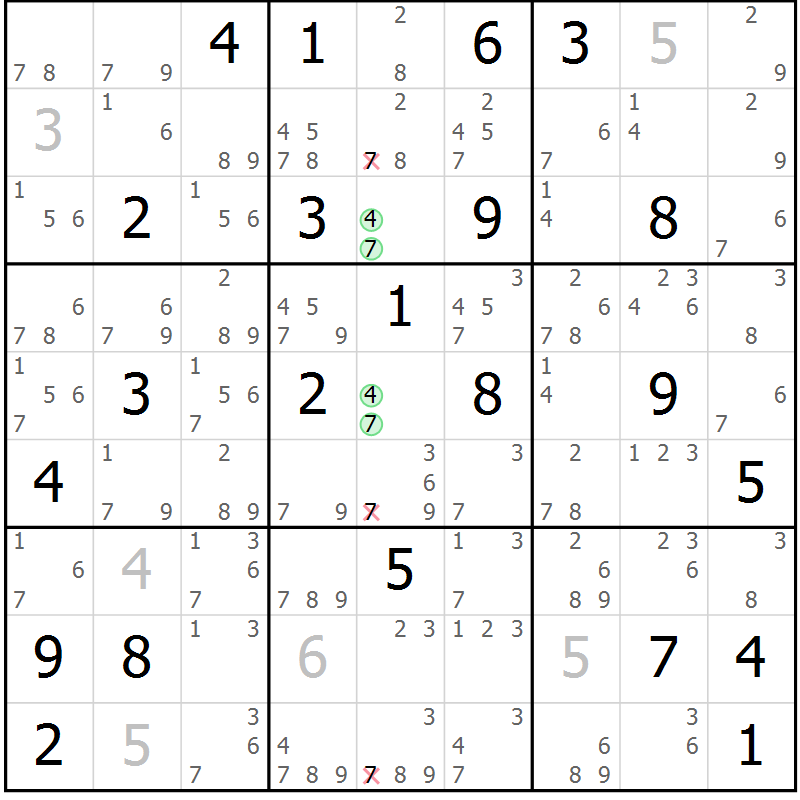 Position des candidats pour la solution de la Gr 25 page 28 du magazine de sudoku Suprême n° 034