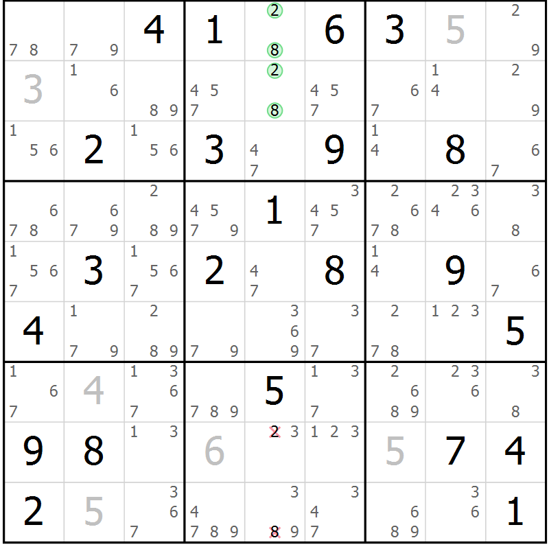 Position des candidats pour la solution de la Gr 25 page 28 du magazine de sudoku Suprême n° 034