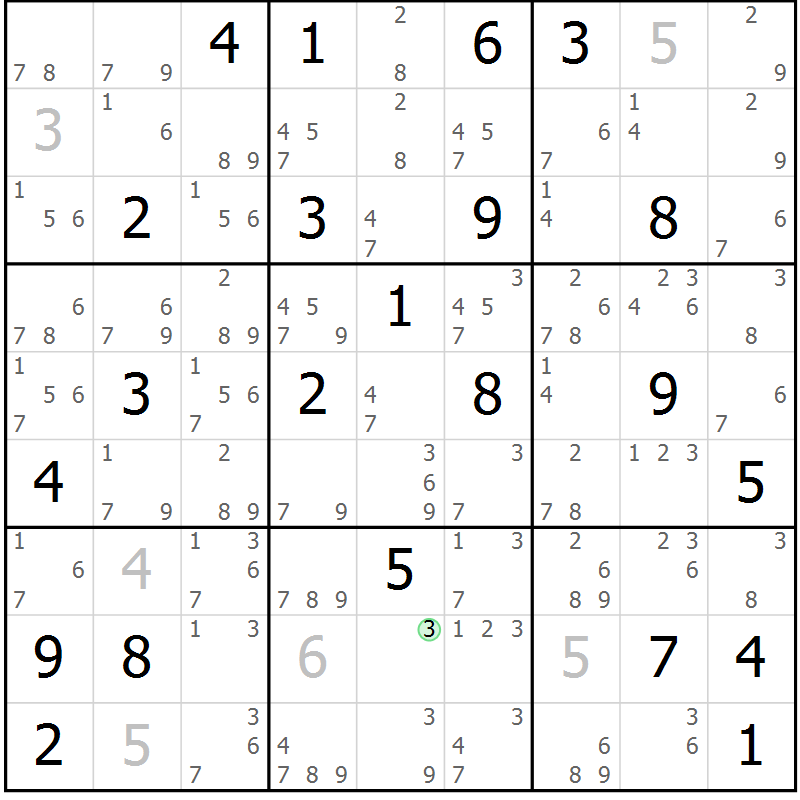 Position des candidats pour la solution de la Gr 25 page 28 du magazine de sudoku Suprême n° 034