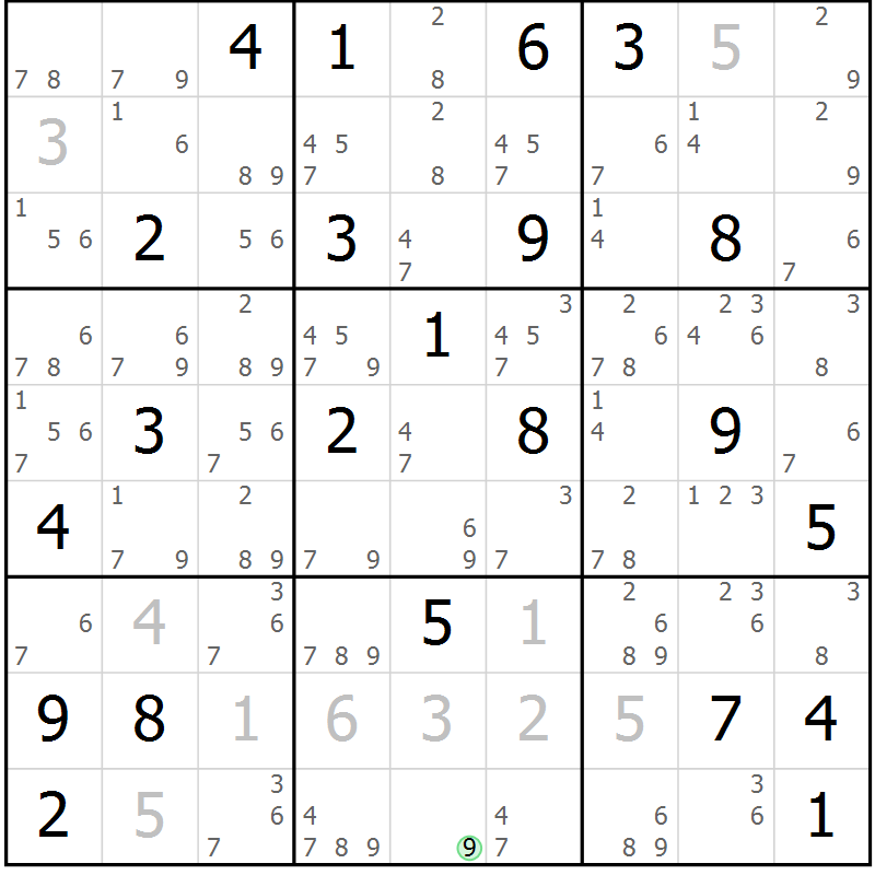 Position des candidats pour la solution de la Gr 25 page 28 du magazine de sudoku Suprême n° 034