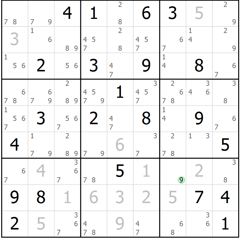 Position des candidats pour la solution de la Gr 25 page 28 du magazine de sudoku Suprême n° 034