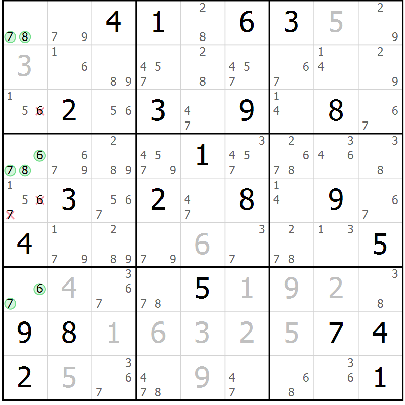 Position des candidats pour la solution de la Gr 25 page 28 du magazine de sudoku Suprême n° 034