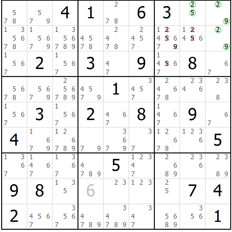 Position des candidats pour la solution de la Gr 25 page 28 du magazine de sudoku Suprême n° 034