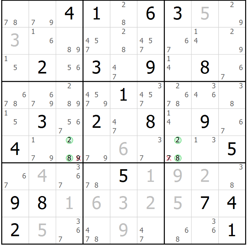 Position des candidats pour la solution de la Gr 25 page 28 du magazine de sudoku Suprême n° 034