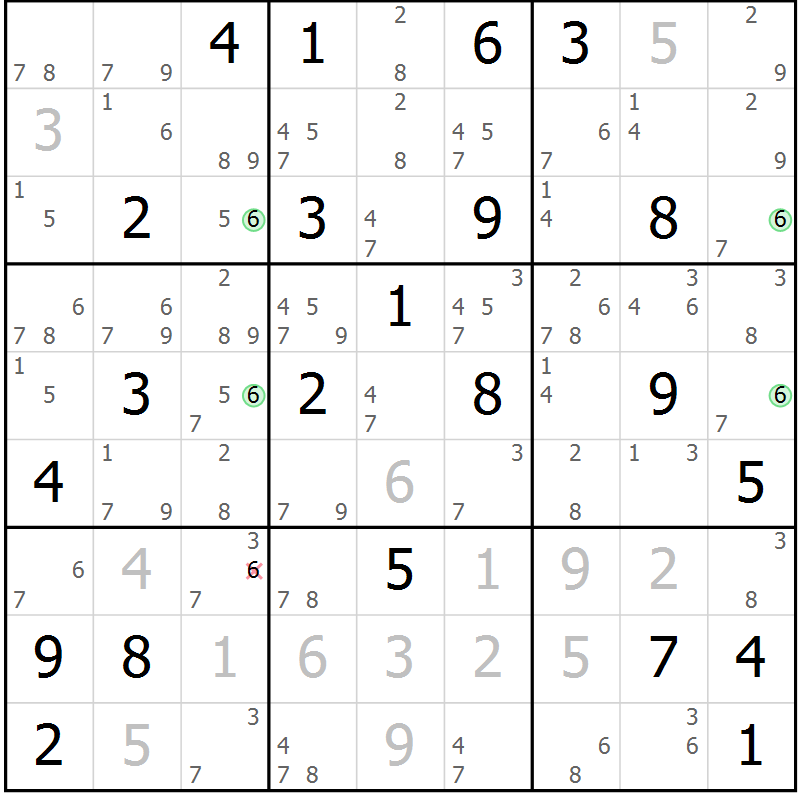 Position des candidats pour la solution de la Gr 25 page 28 du magazine de sudoku Suprême n° 034