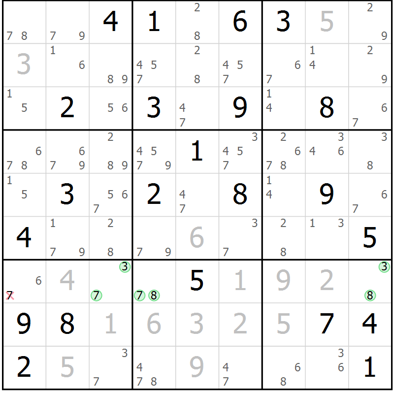 Position des candidats pour la solution de la Gr 25 page 28 du magazine de sudoku Suprême n° 034