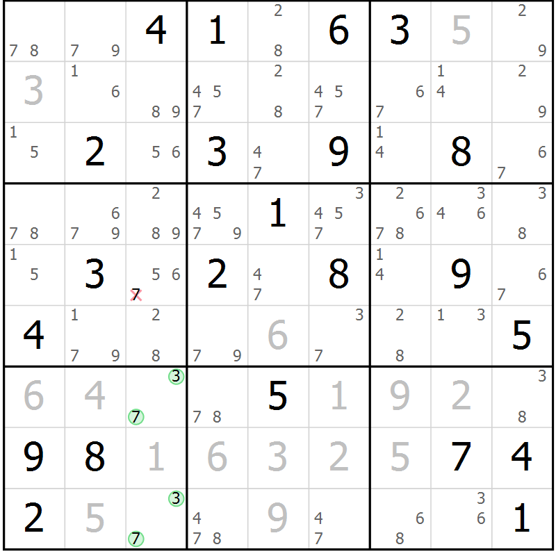 Position des candidats pour la solution de la Gr 25 page 28 du magazine de sudoku Suprême n° 034