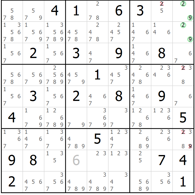 Position des candidats pour la solution de la Gr 25 page 28 du magazine de sudoku Suprême n° 034
