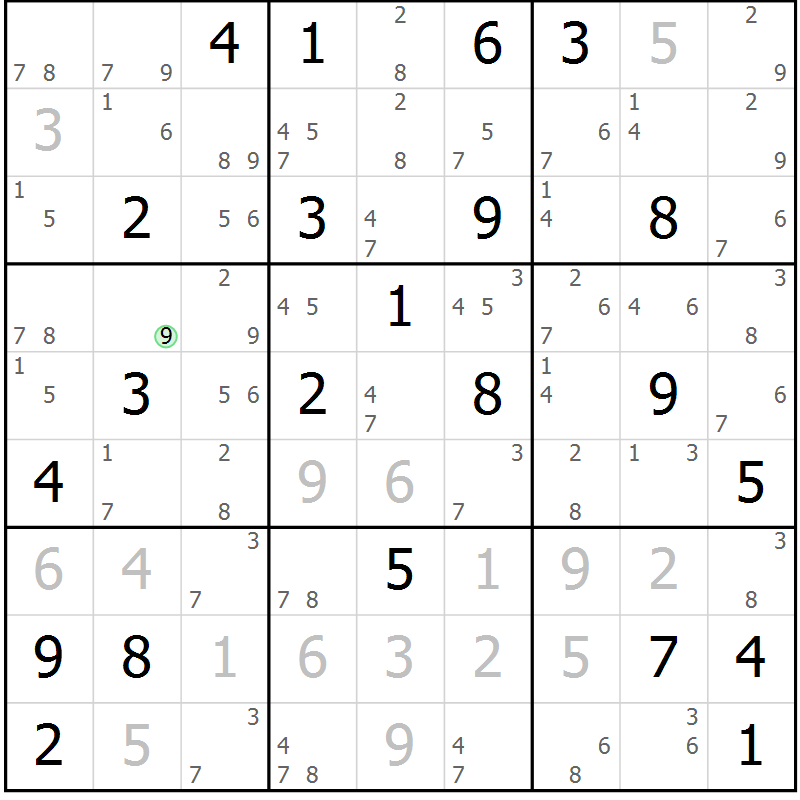 Position des candidats pour la solution de la Gr 25 page 28 du magazine de sudoku Suprême n° 034