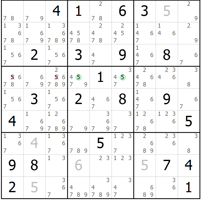 Position des candidats pour la solution de la Gr 25 page 28 du magazine de sudoku Suprême n° 034