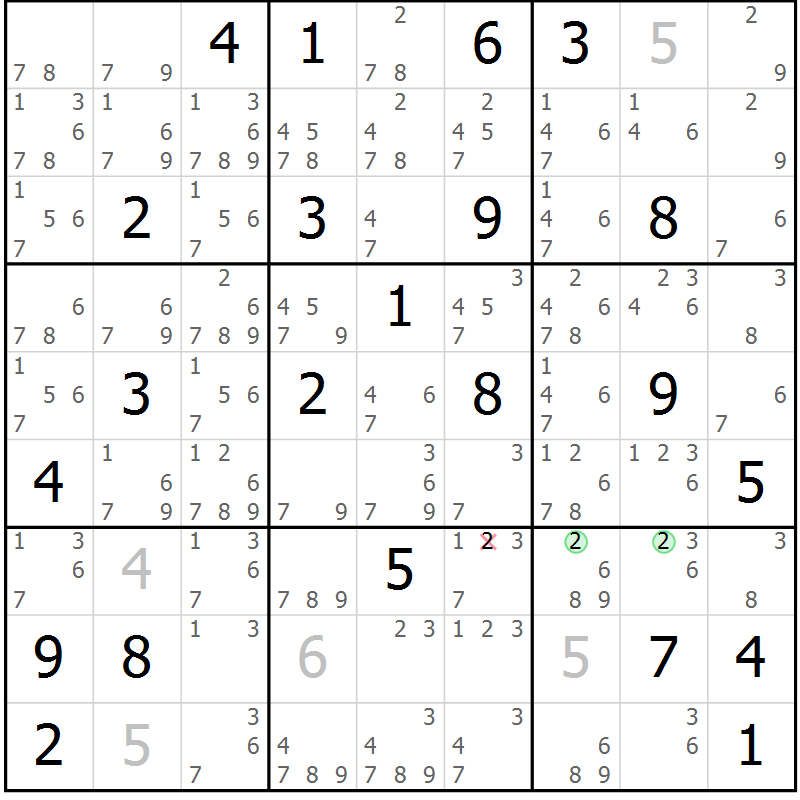 Position des candidats pour la solution de la Gr 25 page 28 du magazine de sudoku Suprême n° 034