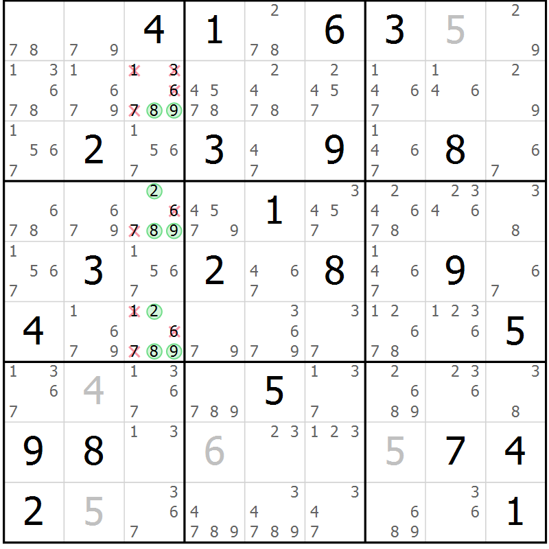Position des candidats pour la solution de la Gr 25 page 28 du magazine de sudoku Suprême n° 034